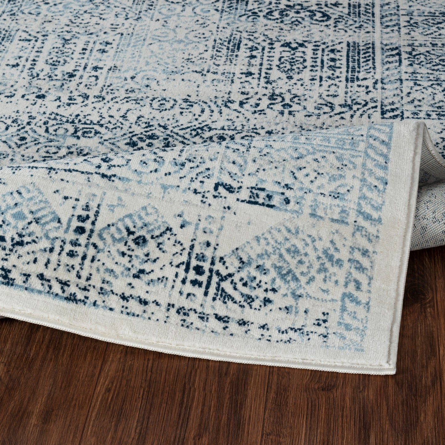 MAKITA Vintage Teppich I Wohnzimmer, Esszimmer I Orientalischer Traditioneller Boho Kurzflor Teppich, Plegeleicht I Blau, Weiß