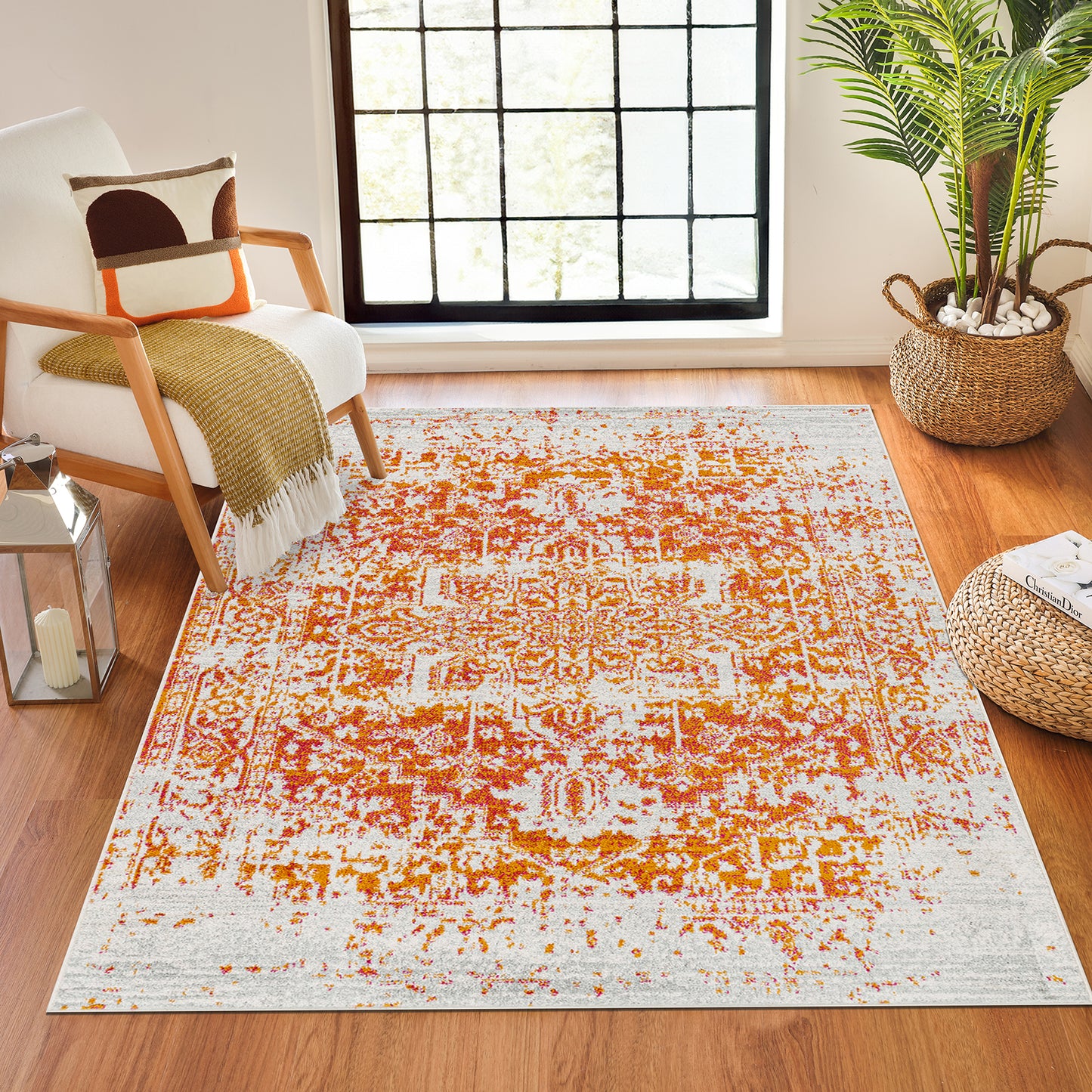 AMELIA Vintage Teppich I Wohnzimmer, Esszimmer I Orientalischer Traditioneller Boho Kurzflor Teppich, Plegeleicht I Orange, Beige