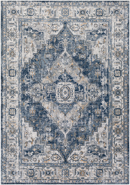 TRICHT Vintage Teppich I Wohnzimmer, Esszimmer I Orientalischer Traditioneller Boho Teppich, Plegeleicht I Blau, Grau, Elfenbein