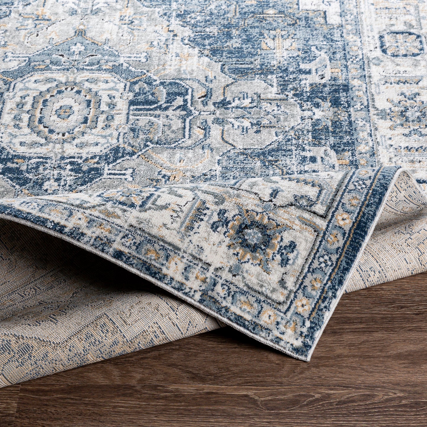 TRICHT Vintage Teppich I Wohnzimmer, Esszimmer I Orientalischer Traditioneller Boho Teppich, Plegeleicht I Blau, Grau, Elfenbein