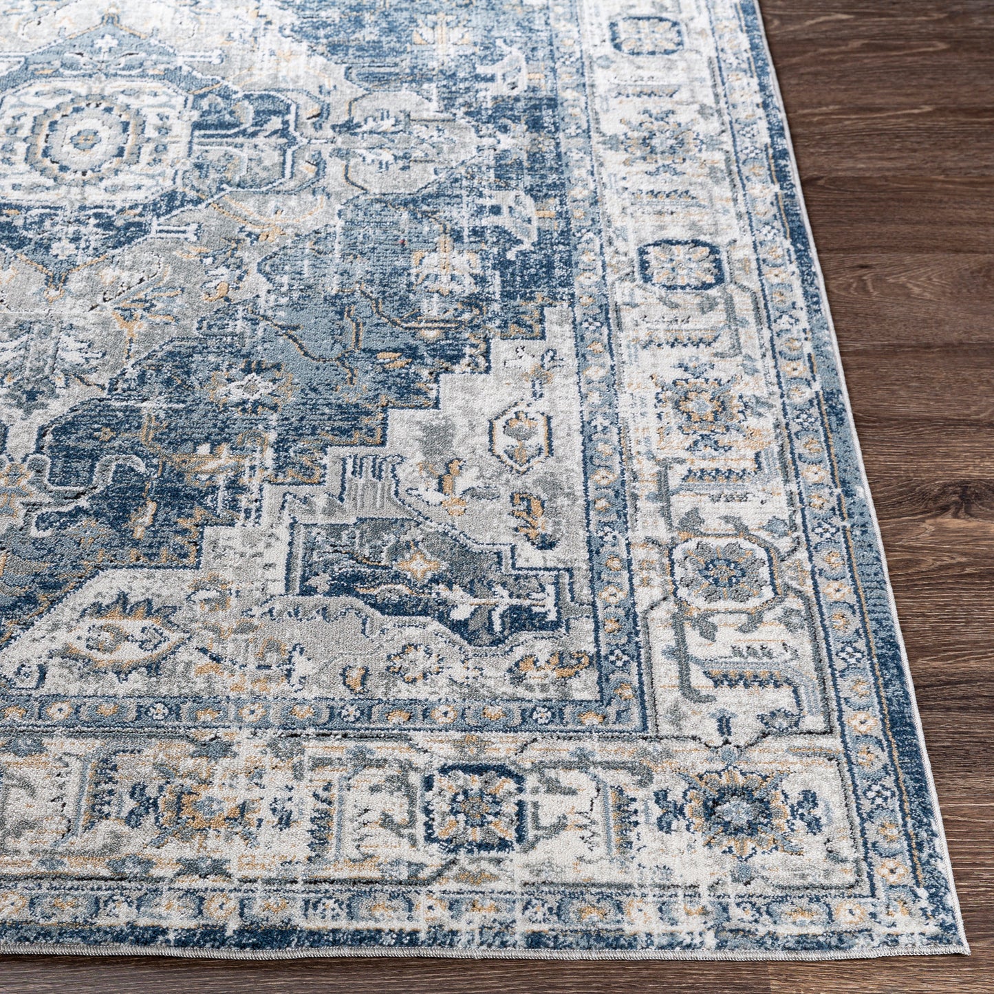 TRICHT Vintage Teppich I Wohnzimmer, Esszimmer I Orientalischer Traditioneller Boho Teppich, Plegeleicht I Blau, Grau, Elfenbein