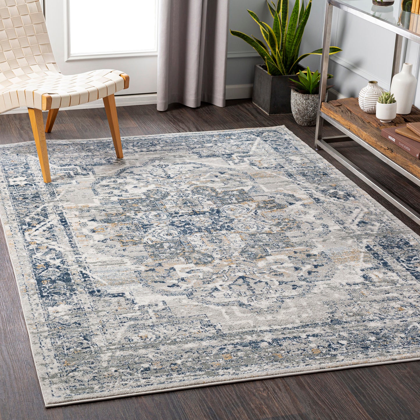 MILSCHOT Vintage Teppich I Wohnzimmer, Esszimmer I Orientalischer Traditioneller Boho Kurzflor Teppich, Plegeleicht I Grau, Blau, Beige