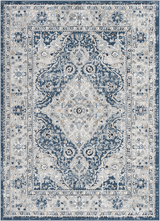 MUGGENHOL Vintage Teppich I Wohnzimmer, Esszimmer I Orientalischer Traditioneller Boho Kurzflor Teppich, Plegeleicht I Blau, Grau, Gelb