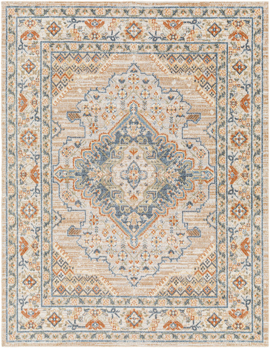 ELLINWOOD Maschinewaschbarer Teppich I Wohnzimmer, Esszimmer, Küche I Vintage Orientalischer Traditioneller Boho Teppich I Beige, Blau