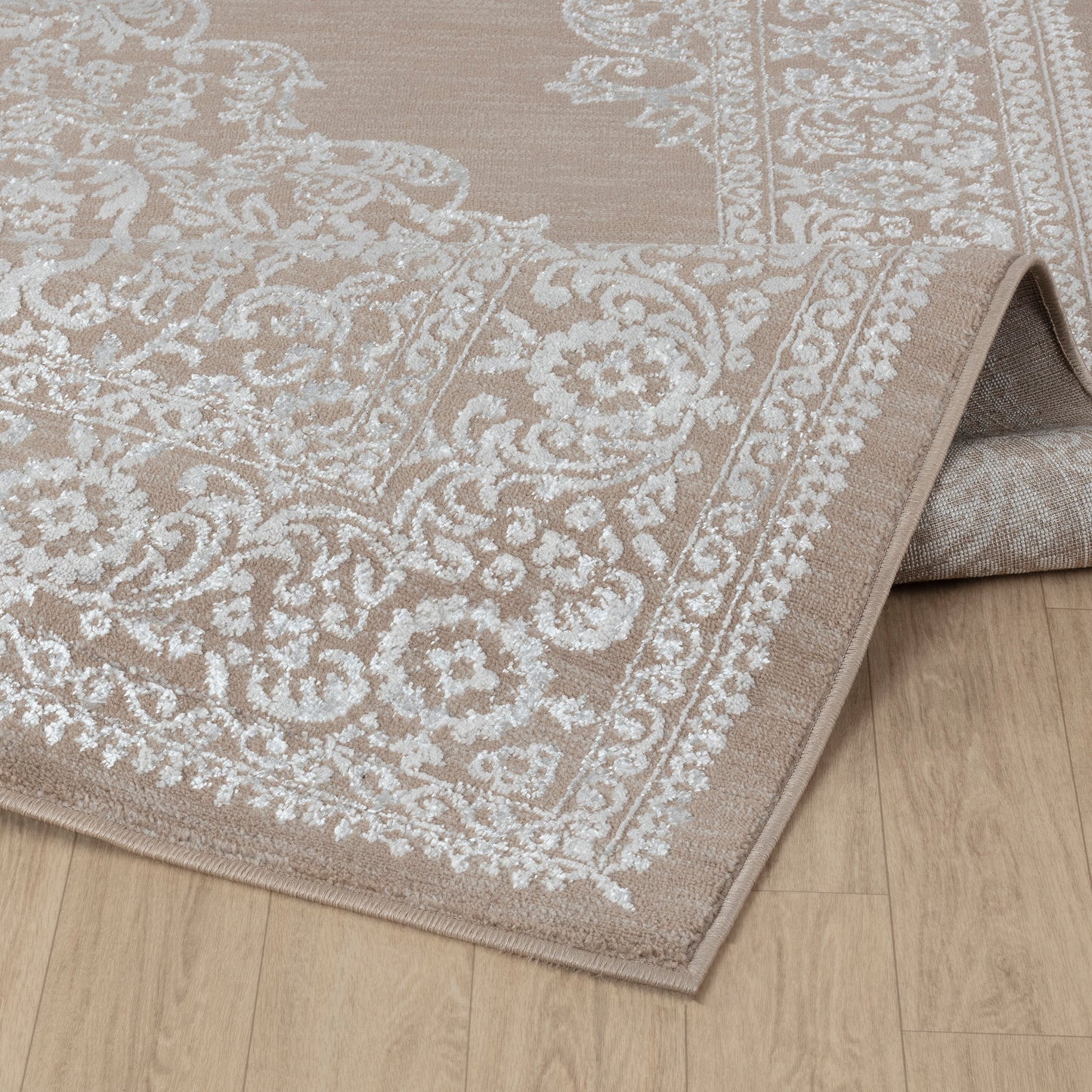 CHARMANE Vintage Teppich I Wohnzimmer, Esszimmer I Orientalischer Traditioneller Boho Kurzflor Teppich, Plegeleicht I Beige, Weiß