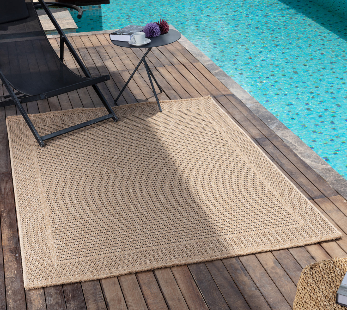 JEANNETTA Outdoor Jute-Look Teppich I In & Outdoor Boho Wetterfest Teppich für den Balkon, Terrasse, Garten I Beige, Schwarz