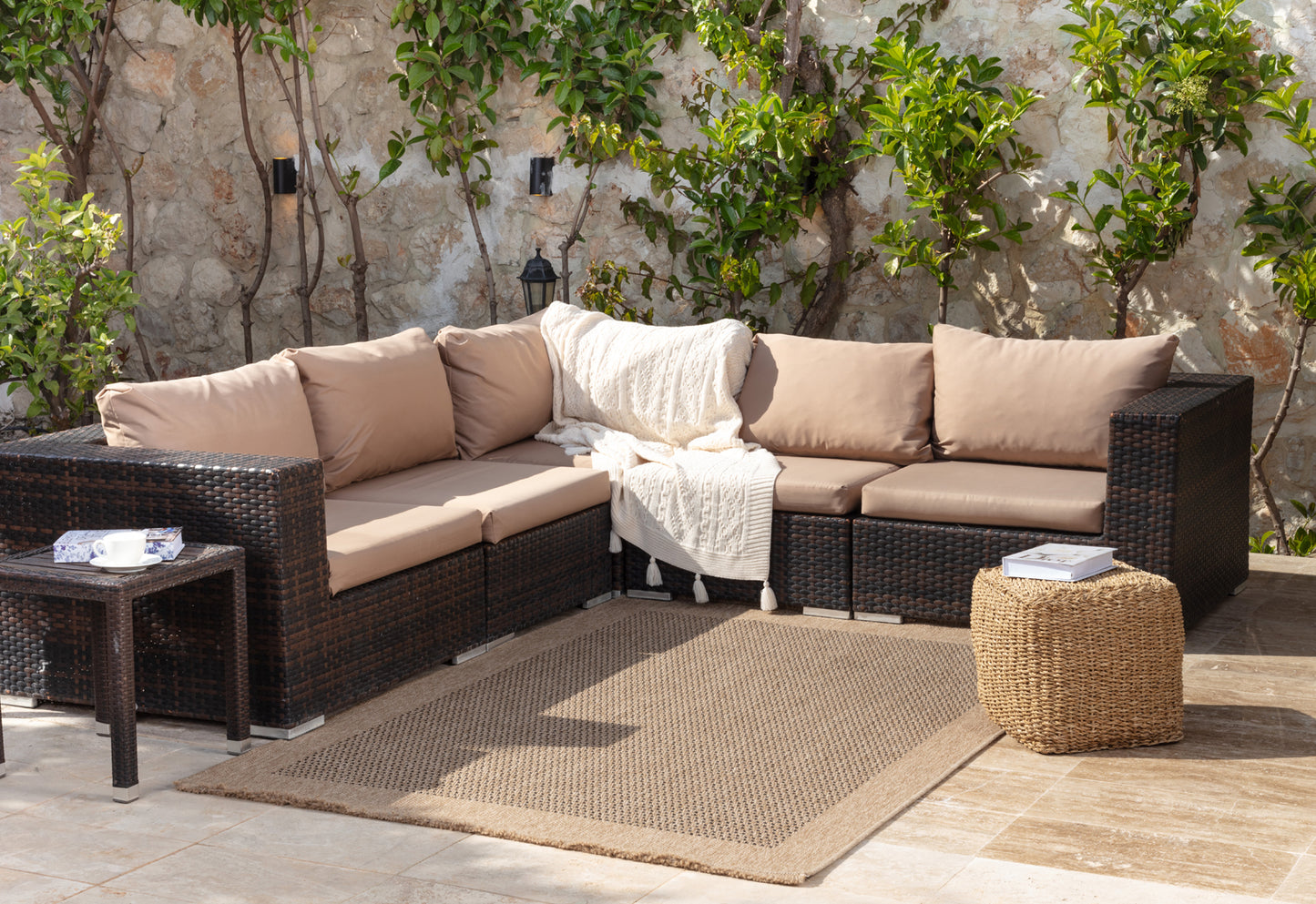 JESSICA Outdoor Jute-Look Teppich I In & Outdoor Boho Wetterfest Teppich für den Balkon, Terrasse, Garten, Küche I Beige, Schwarz