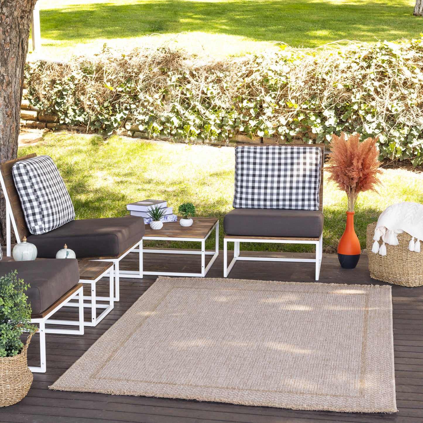 DONTAVIUS Outdoor Jute-Look Teppich I In & Outdoor Boho Wetterfest Teppich für den Balkon, Terrasse, Garten, Küche, Plegeleicht I Beige