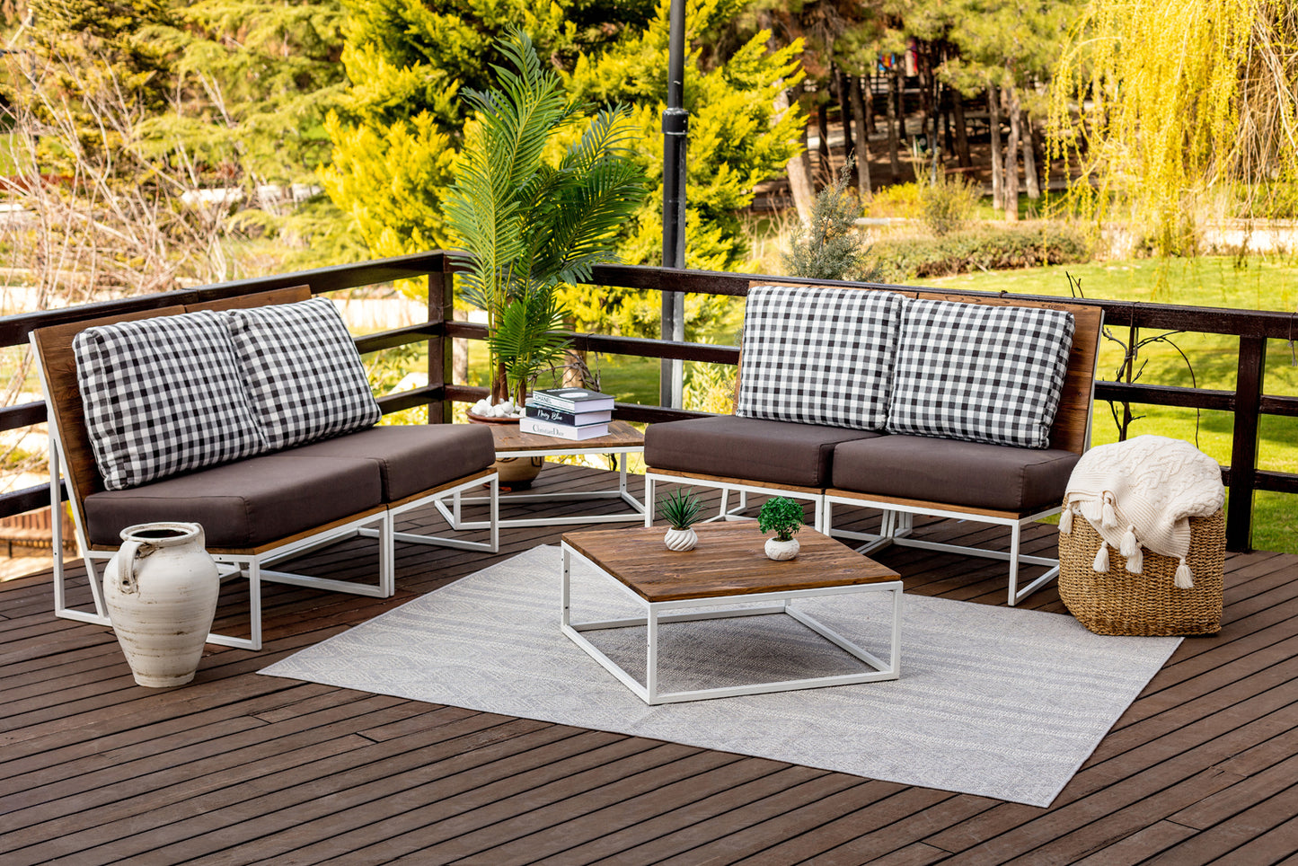 CHRISTOPHR Outdoor Teppich I In & Outdoor Boho Wetterfest Teppich für den Balkon, Terrasse, Garten Carpet I Grau, Elfenbein