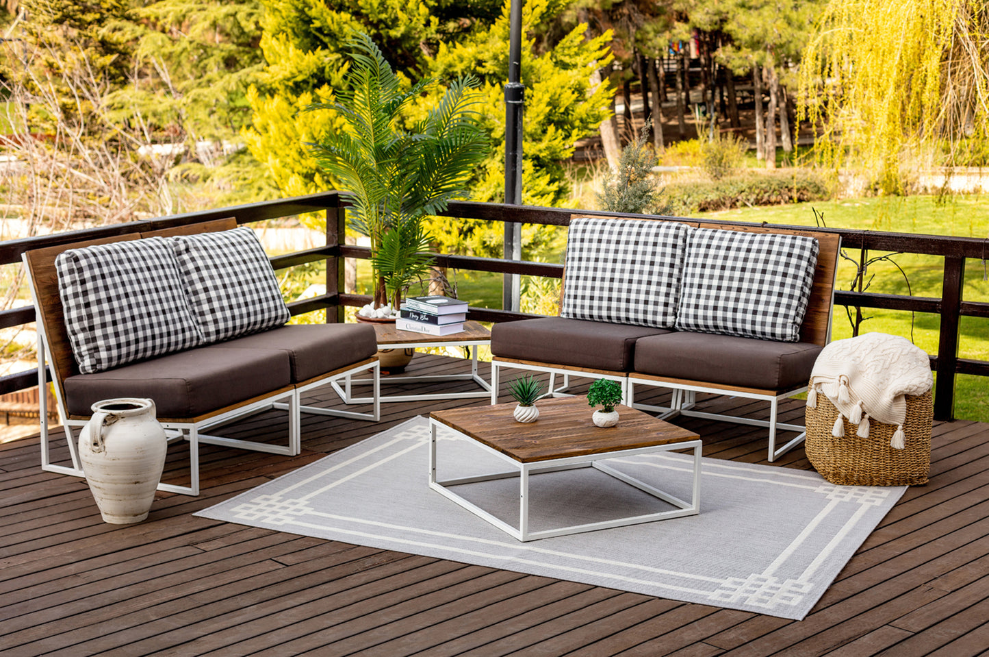 DAVINIA Outdoor Teppich I In & Outdoor Boho Wetterfest Teppich für den Balkon, Terrasse, Garten, Küche, Plegeleicht I Grau, Elfenbein