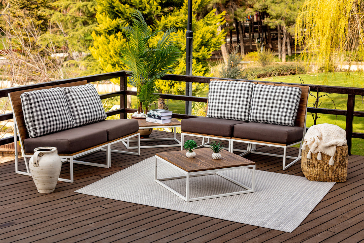 DAVONNE Outdoor Teppich I In & Outdoor Boho Wetterfest Teppich für den Balkon, Terrasse, Garten, Küche, Plegeleicht I Grau, Elfenbein