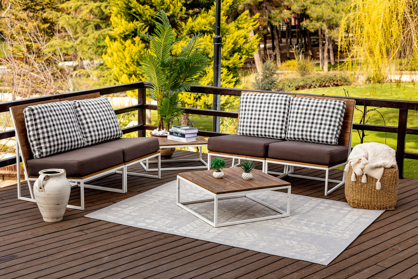 OBIE Outdoor Teppich I In & Outdoor Boho Wetterfest Teppich für den Balkon, Terrasse, Garten, Küche, Plegeleicht I Grau, Elfenbein