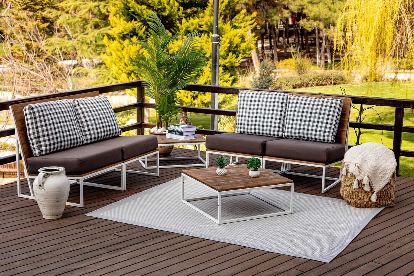 VANDER Outdoor Teppich I In & Outdoor Boho Wetterfest Teppich für den Balkon, Terrasse, Garten, Küche, Plegeleicht I Grau, Elfenbein