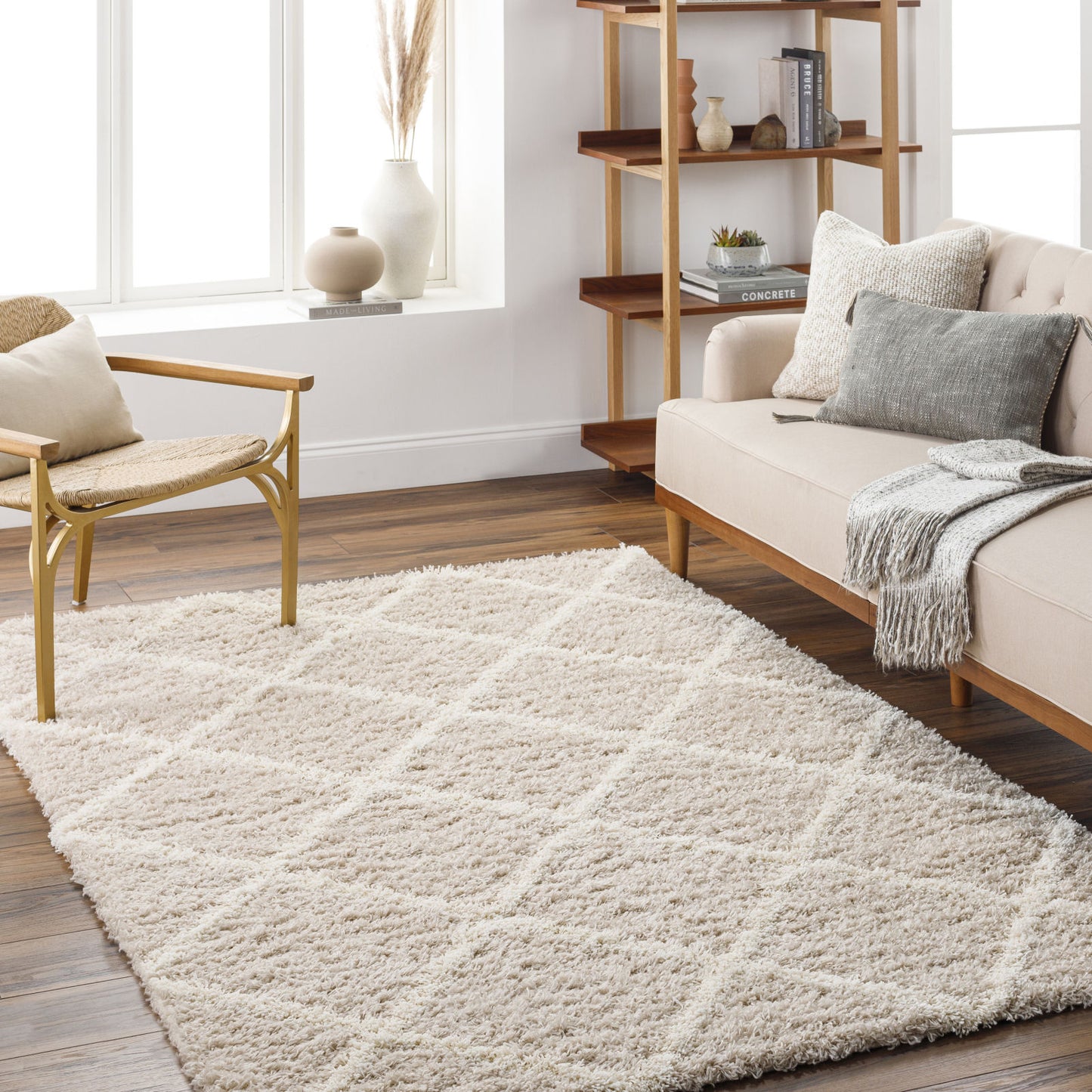 BLENCOE Shaggy Teppich I Wohnzimmer, Schlafzimmer I Hochfloriger Boho Teppich, Weicher Langflor Teppich, Plegeleicht I Weiß, Beige